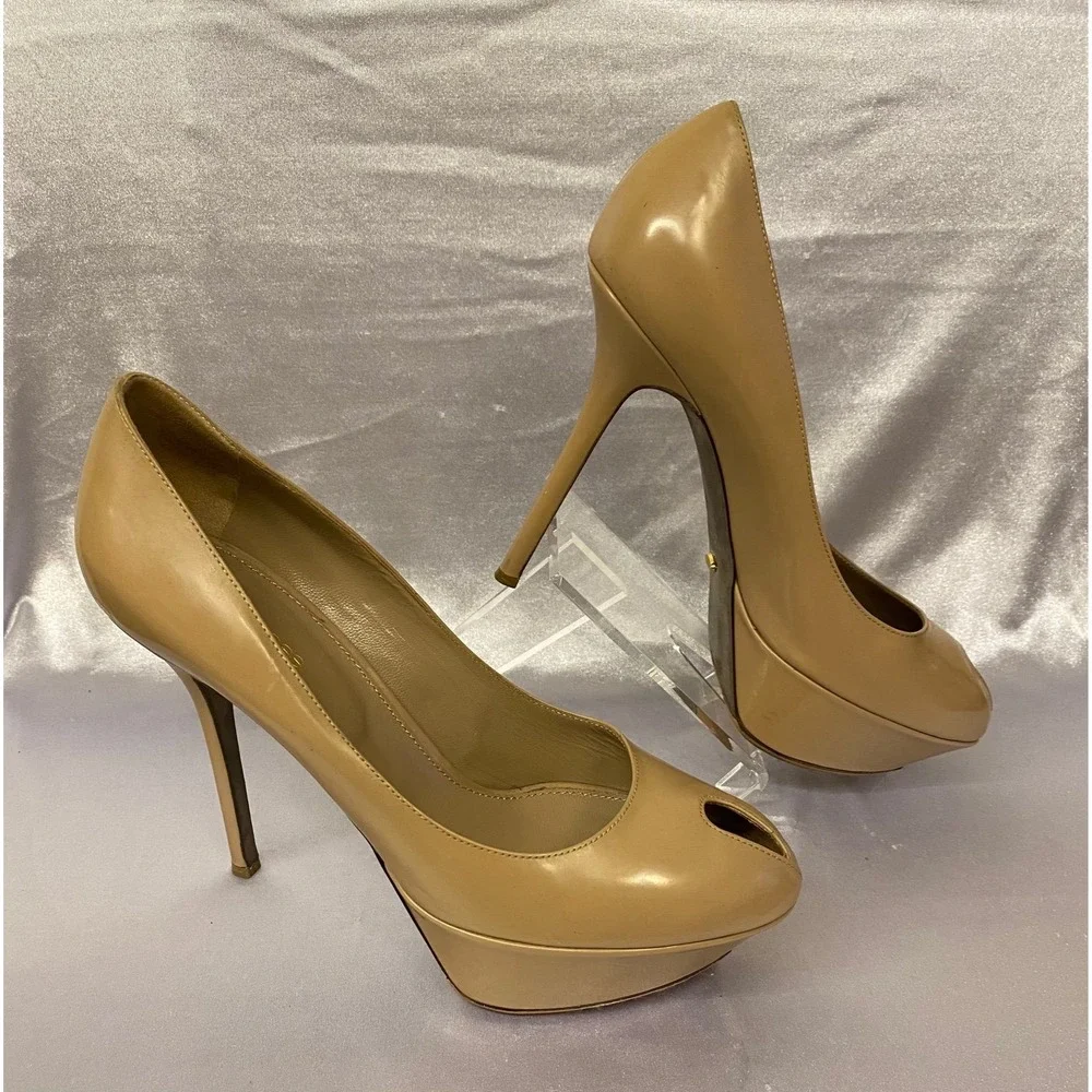 SERGIO ROSSI SHOES CACHET PEEP TOE PLATFORM PUMPS BEIGE TAUPE $730 39.5 9.5 Used